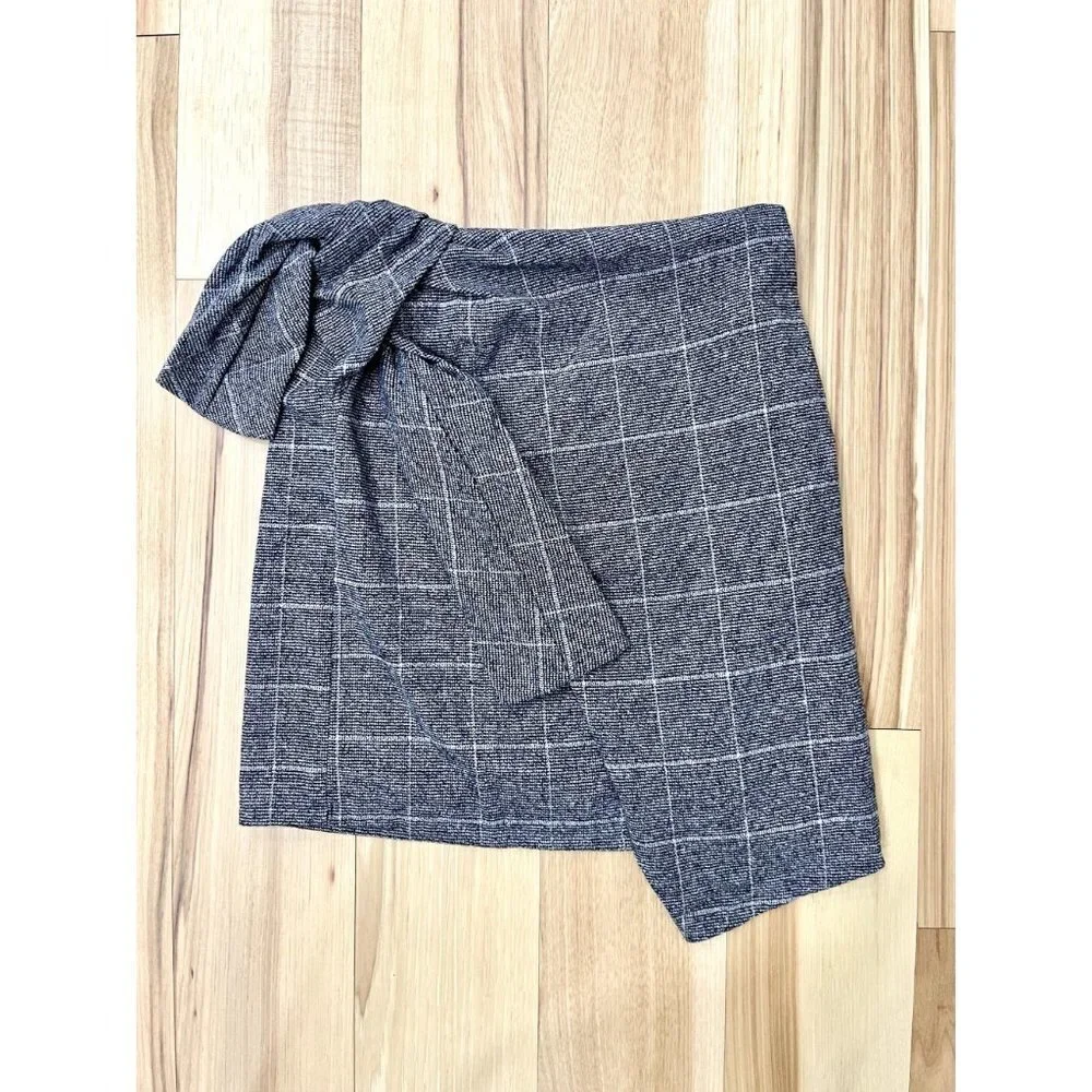 Leith Nordstrom Side Tie Wrap Skirt Windowpane Plaid Gray XS